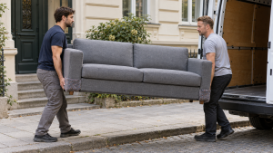 Möbeltaxi München: Zwei Helfer tragen eine Schlafcouch zum Transporter