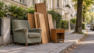 Sperrmüll mit Sessel, Schrankteilen und Nachttisch am Münchner Straßenrand