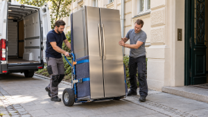 Möbeltaxi München: Side-by-Side-Kühlschrank auf einer Transportkarre
