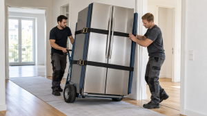 Kühlschranktransport mit Sicherungsgurten und Bodenschutz